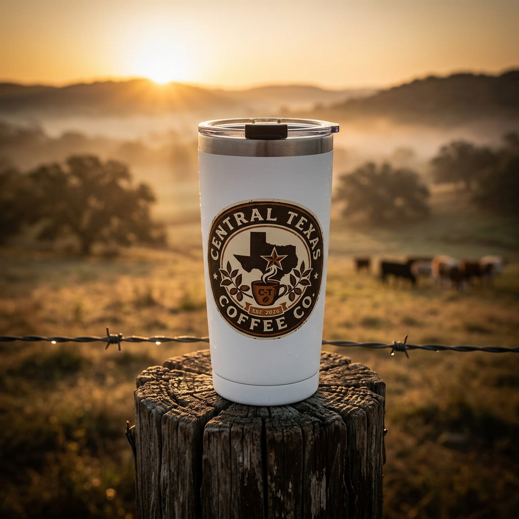 White tumbler with 'Central Texas Coffee Co.' logo on a wooden stump with a sunset landscape in the background.