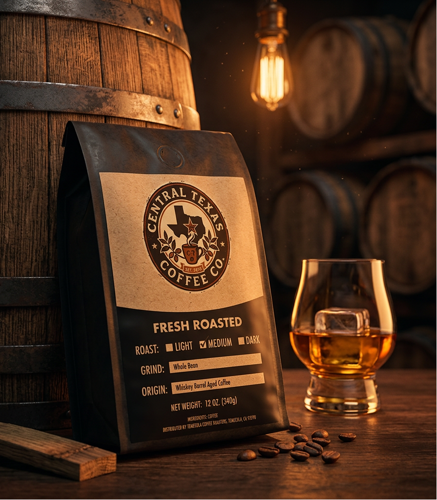 Central Texas Coffee Co. bag with a glass of whiskey and barrels in the background