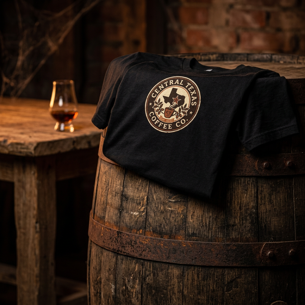 Black t-shirt with a logo on a wooden barrel with a glass of whiskey in the background
