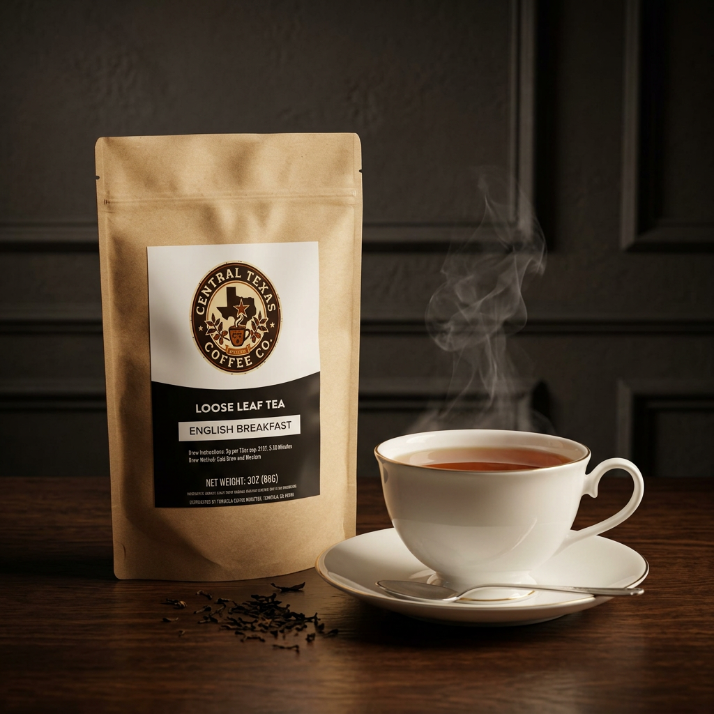 Bag of Central Texas Coffee Co. loose leaf tea next to a steaming cup of tea on a wooden surface.