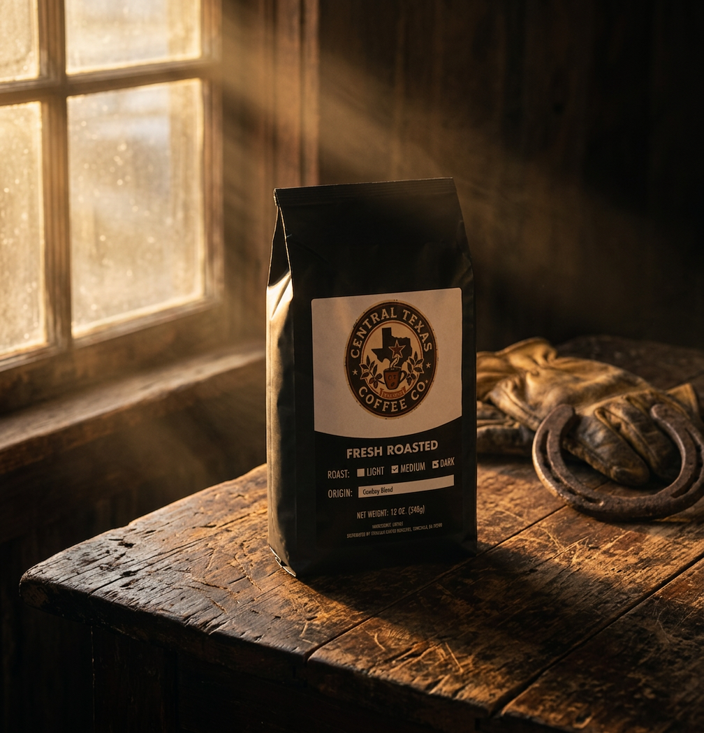 Bag of Central Texas Coffee Co. coffee on a wooden surface with a rustic background