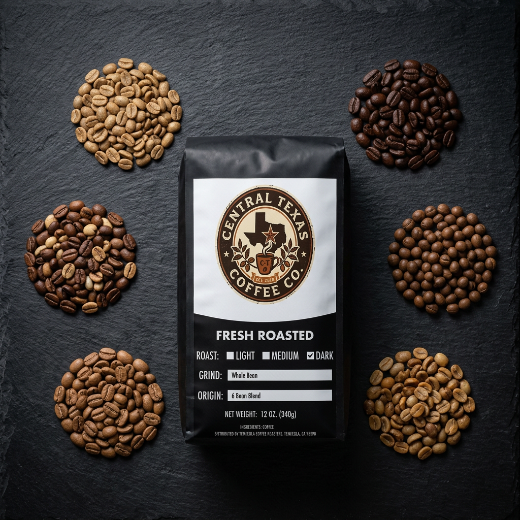 Central Texas Coffee Co. bag with roasted coffee beans on a dark surface