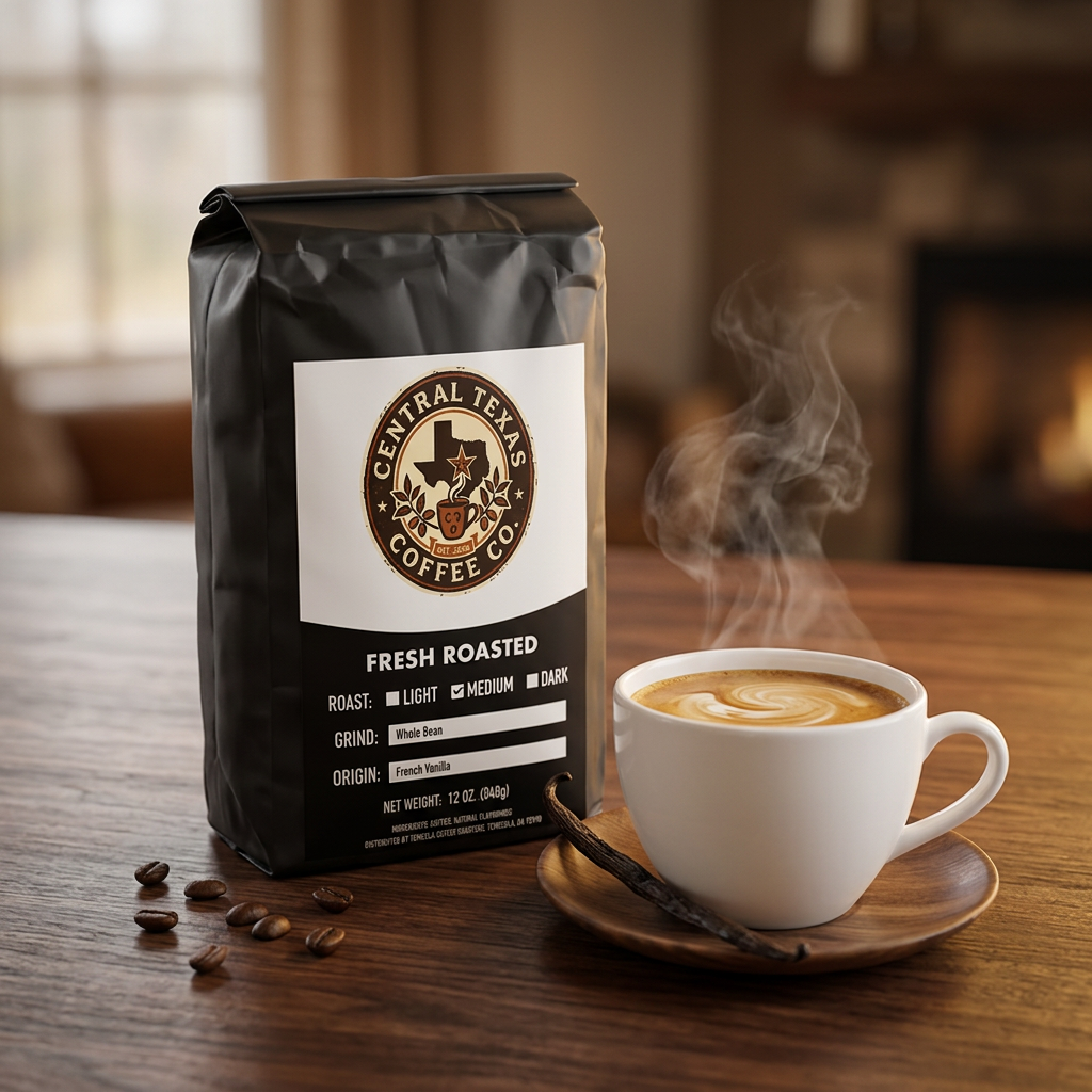Central Texas Coffee Co. bag with a steaming cup of coffee on a wooden table.