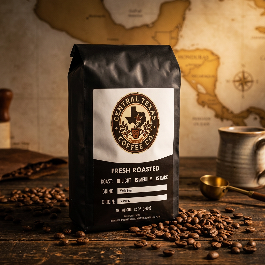 Central Texas Coffee Co. bag on a wooden surface with coffee beans and a map in the background