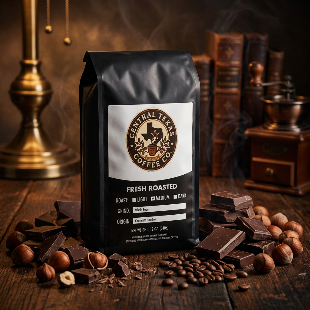 Central Texas Coffee Co. bag with coffee beans, chocolate, and hazelnuts on a wooden surface.