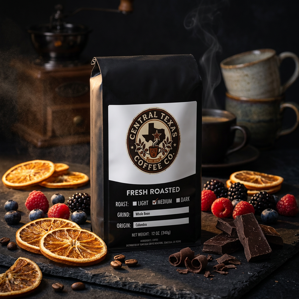 Central Texas Coffee Co. bag with coffee beans and decorative elements on a dark surface