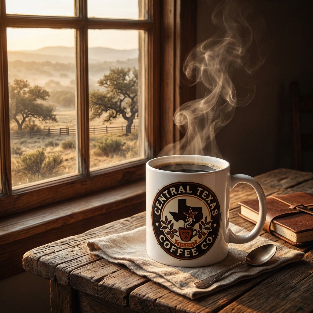 Steaming coffee mug with 'Central Texas Coffee Co.' logo on a wooden table by a window with a scenic view.